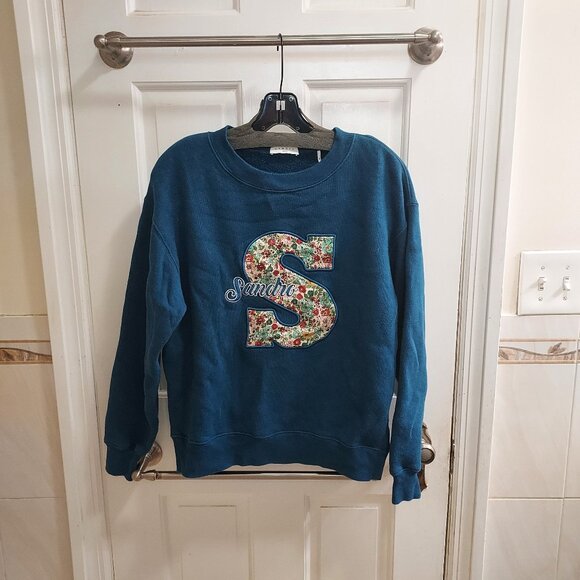 Sandro Paris Paulo Embroidered Blue Varsity Pullover Sweatshirt - Picture 1 of 9